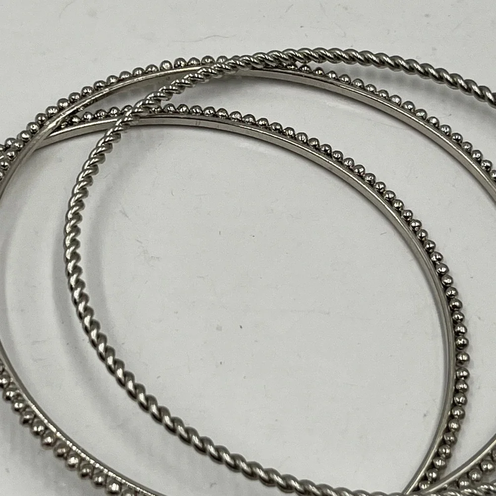 Vintage Silver-Tone Stacking Bangle Bracelets Set 3 Twisted Beaded Plain Texture